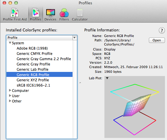 Screenshot Mac OS X ColorSync Utility